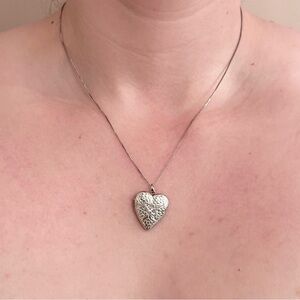 Diamond Accent Floral Embossed Heart Shape Locket - Sterling Silver 18” Necklace